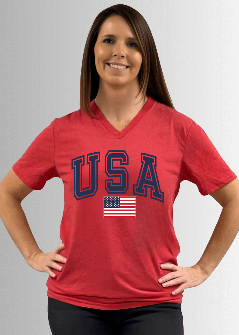 USA Graphic Red Cotton V-Neck Tee