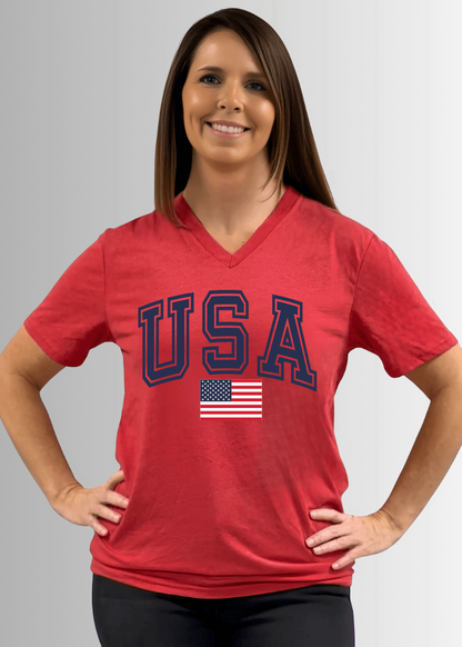USA Graphic Red Cotton V-Neck Tee