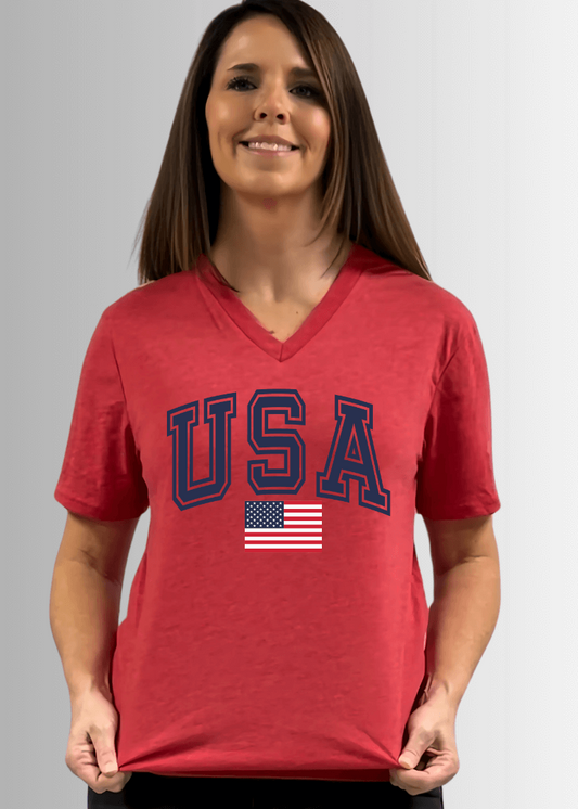 USA Graphic Red Cotton V-Neck Tee