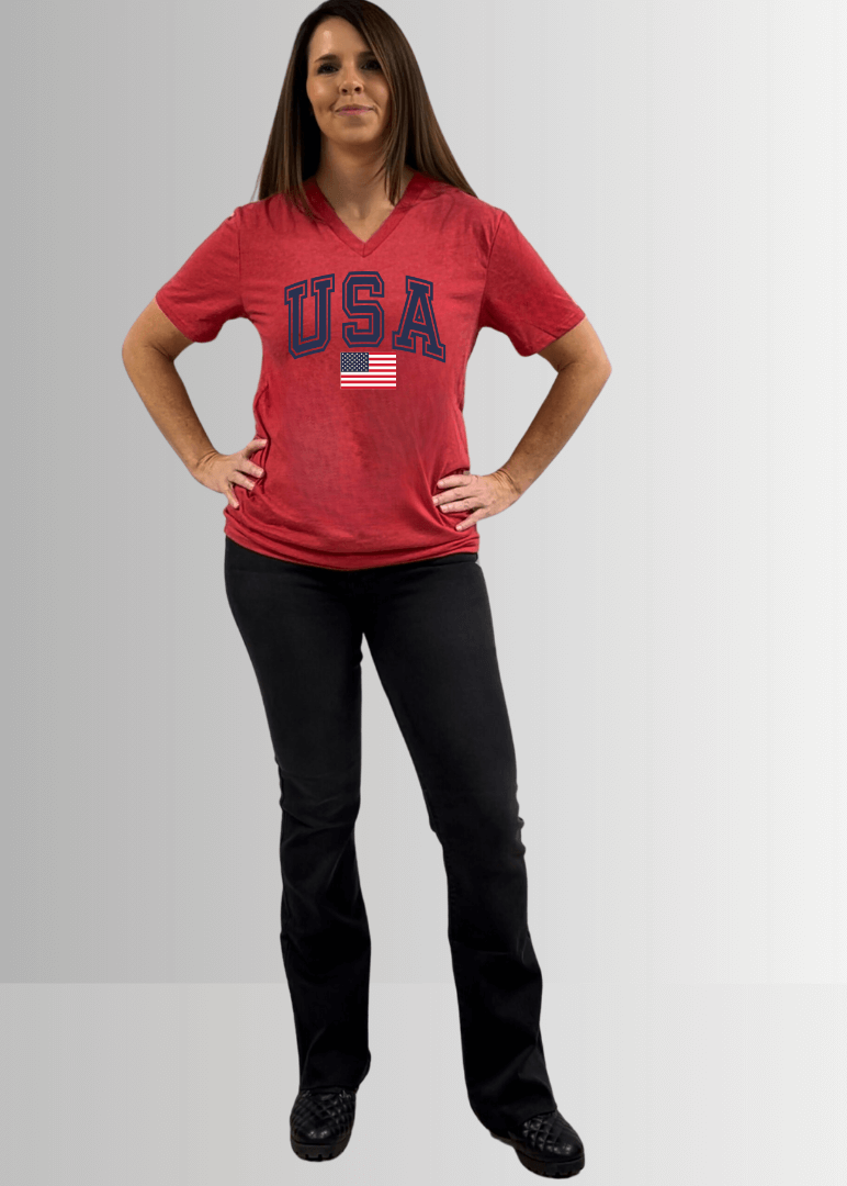 USA Graphic Red Cotton V-Neck Tee