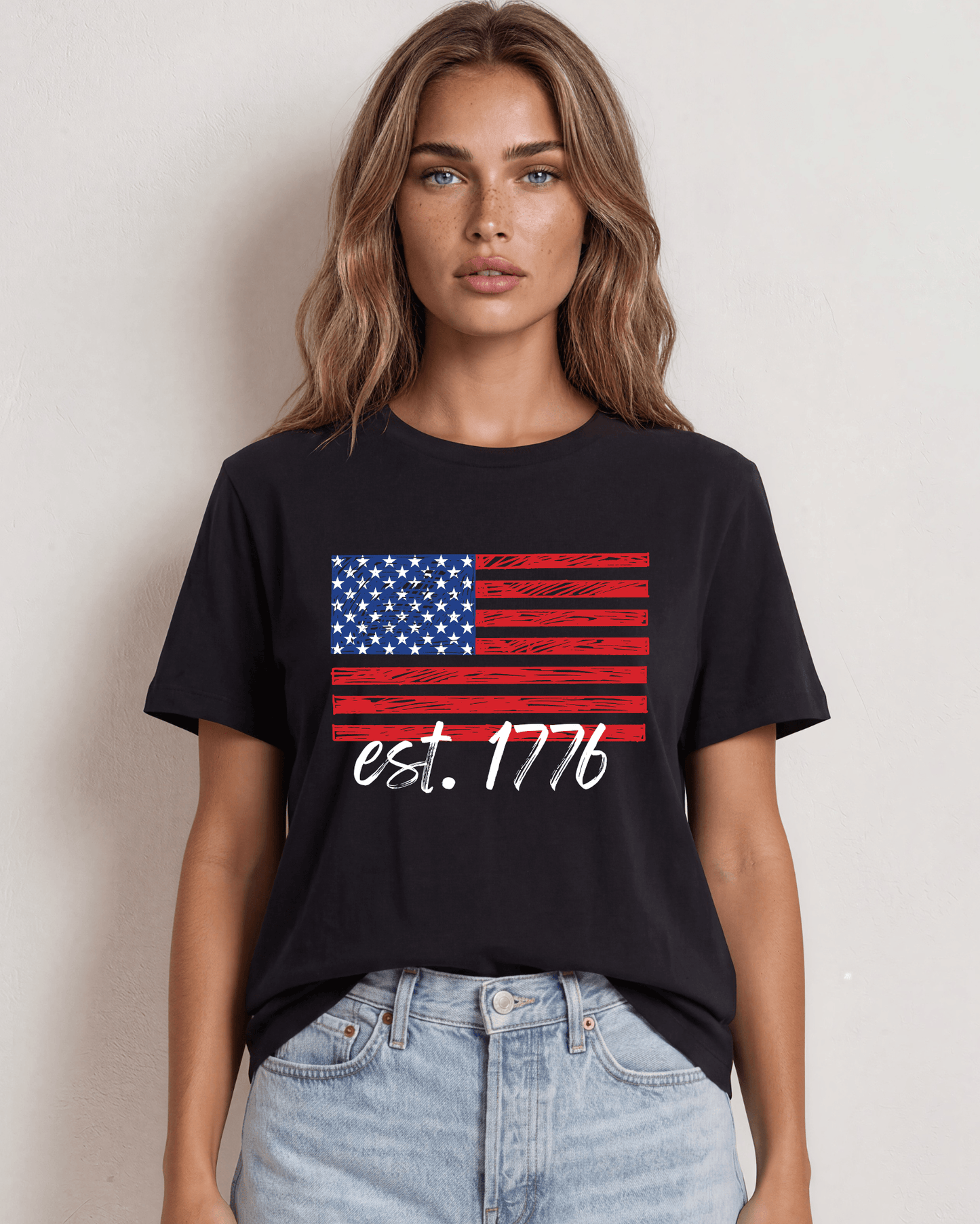 USA Graphic Flag with est. 1776 in Bright White Crew Neck Tee