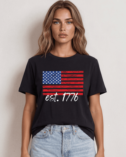 USA Graphic Flag with est. 1776 in Bright White Crew Neck Tee