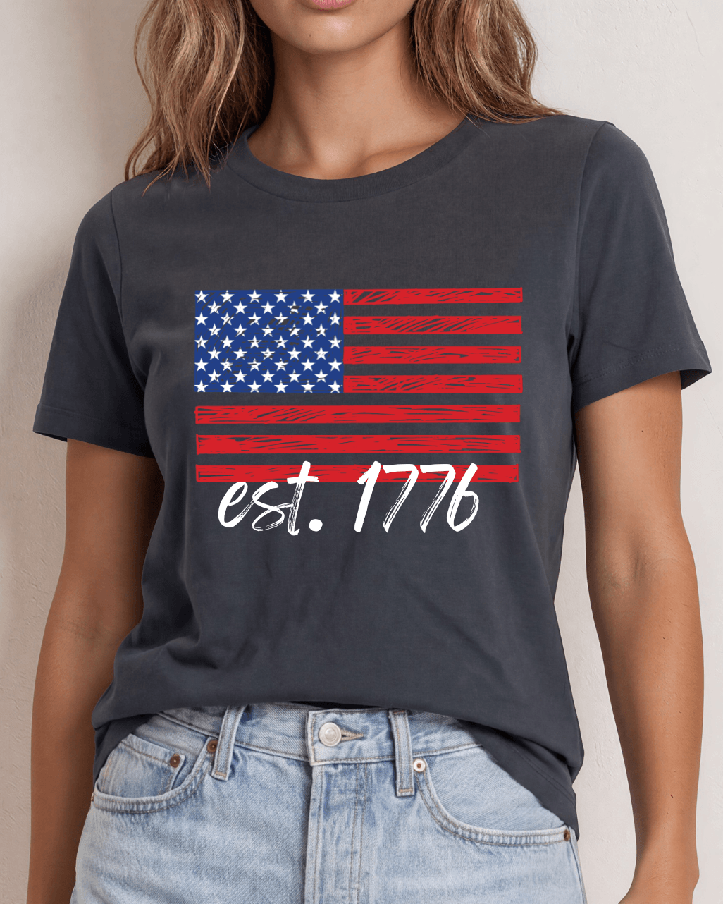 USA Graphic Flag with est. 1776 in Bright White Crew Neck Tee