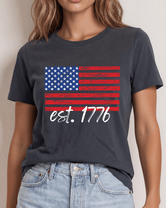 USA Graphic Flag with est. 1776 in Bright White Crew Neck Tee
