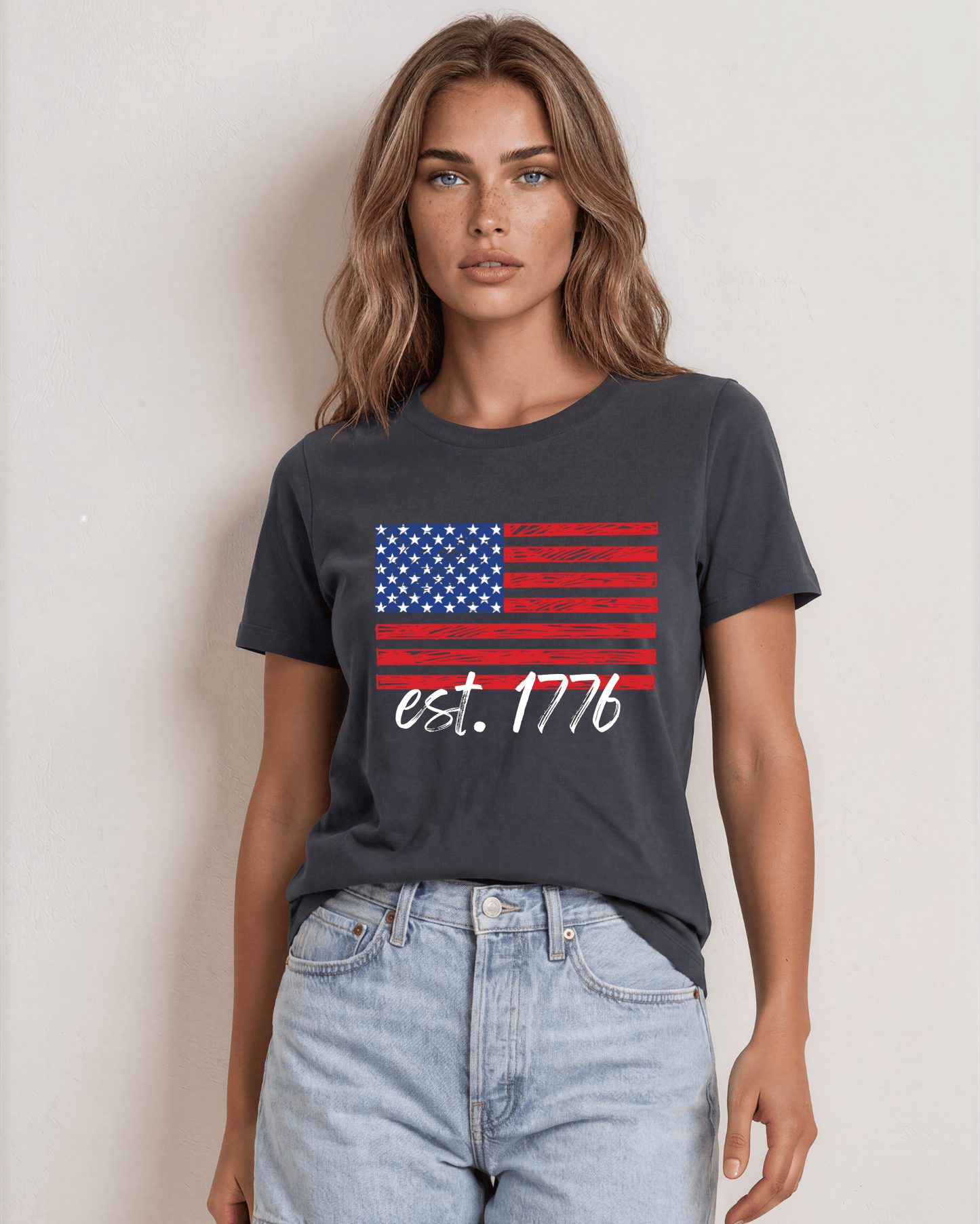 USA Graphic Flag with est. 1776 in Bright White Crew Neck Tee
