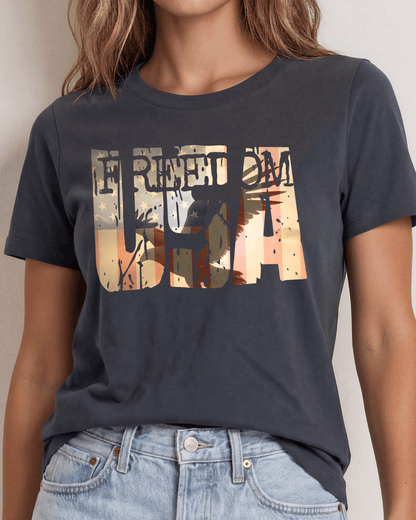 USA Eagle Silhouette with the Word "FREEDOM" Cut out Graphite Cotton Tee
