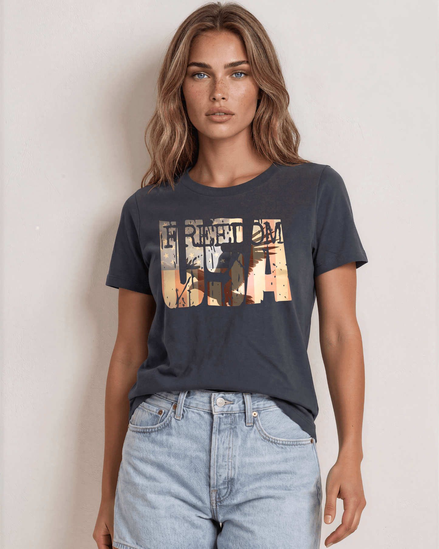USA Eagle Silhouette with the Word "FREEDOM" Cut out Graphite Cotton Tee