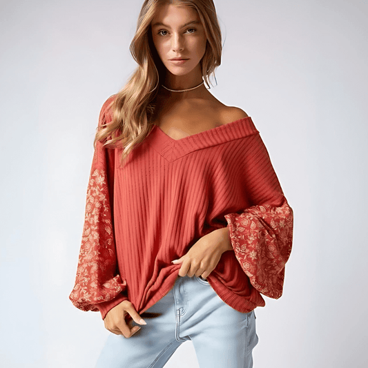 Floral Balloon Sleeve V-Neck Made in USA