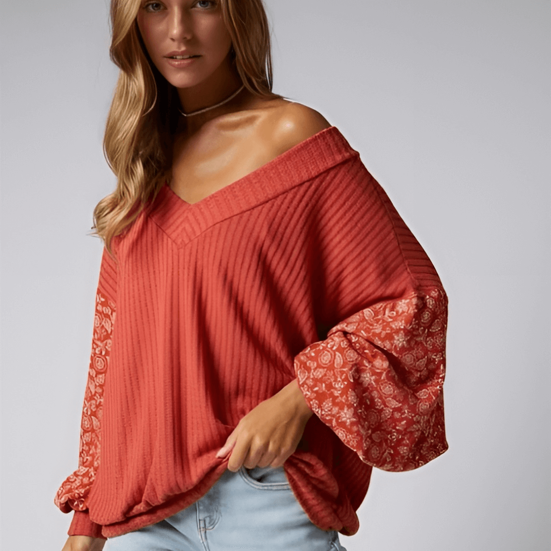 Floral Balloon Sleeve V-Neck Made in USA
