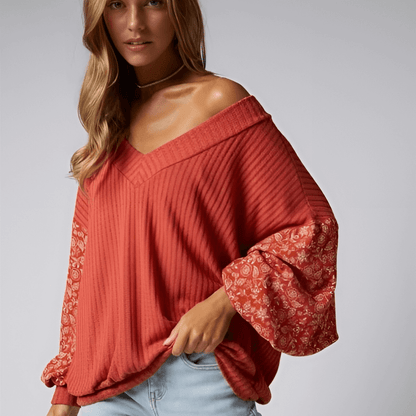 Floral Balloon Sleeve V-Neck Made in USA