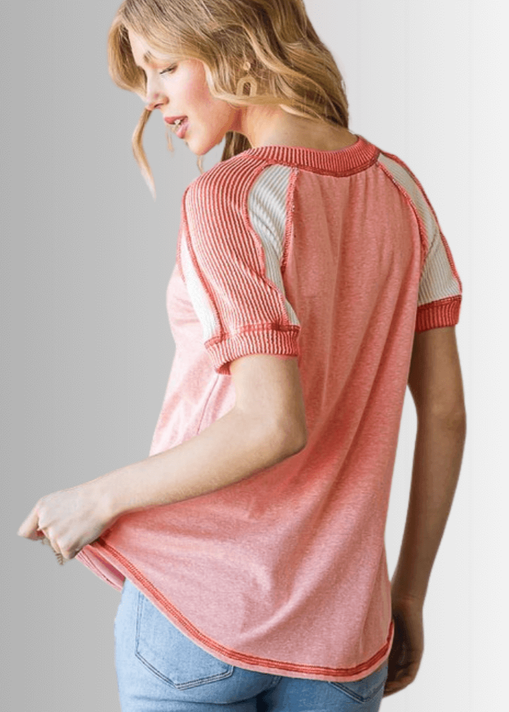 Ari Mixed Fabric V-Neck Raglan Tee- CLEARANCE FINAL SALE