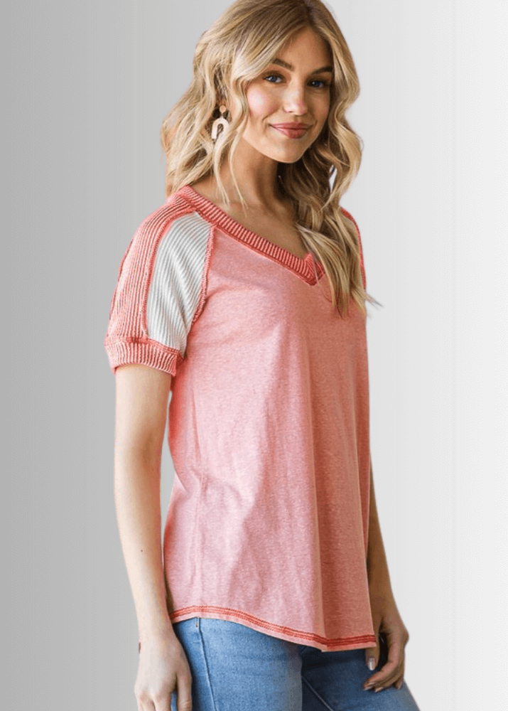 Ari Mixed Fabric V-Neck Raglan Tee- CLEARANCE FINAL SALE