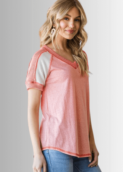 Ari Mixed Fabric V-Neck Raglan Tee- CLEARANCE FINAL SALE