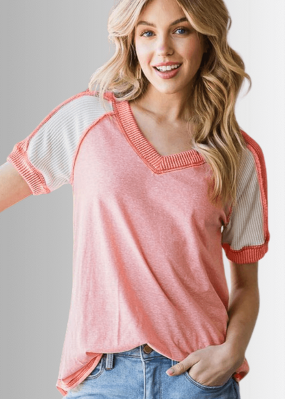 Ari Mixed Fabric V-Neck Raglan Tee- CLEARANCE FINAL SALE