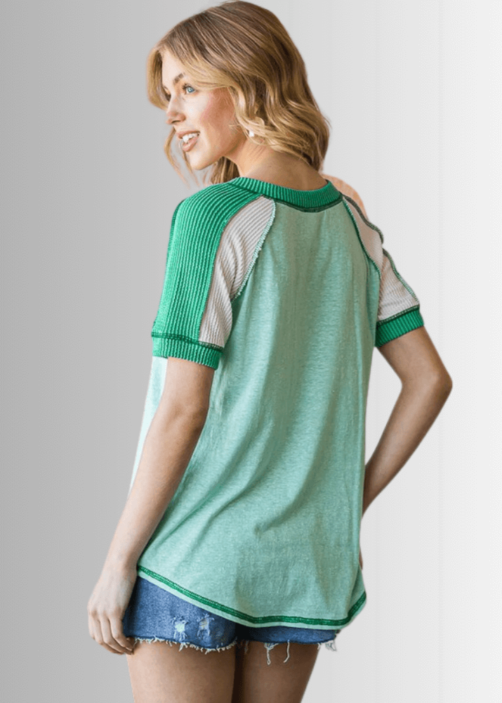 Ari Mixed Fabric V-Neck Raglan Tee- CLEARANCE FINAL SALE