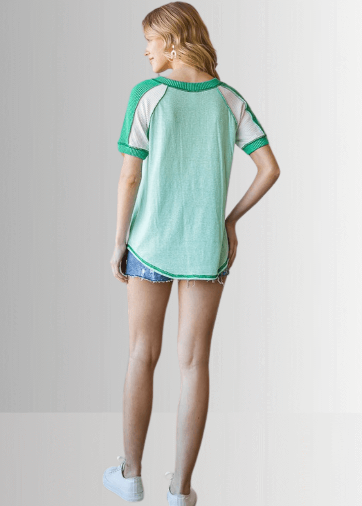 Ari Mixed Fabric V-Neck Raglan Tee- CLEARANCE FINAL SALE