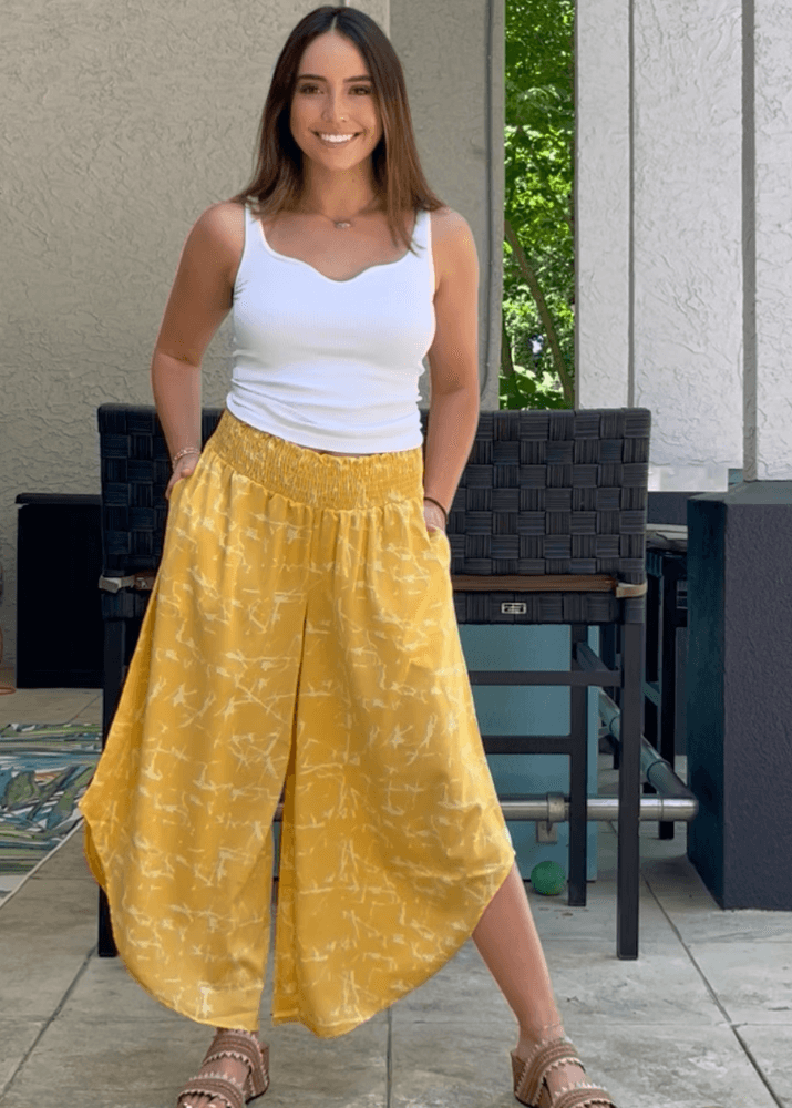 Easy Breezy Smocked Diagonal Cut Gaucho Pants in Yellow CLEARANCE FINAL SALE