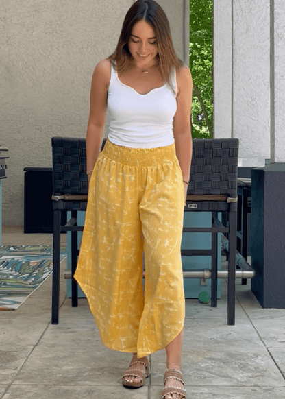 Easy Breezy Smocked Diagonal Cut Gaucho Pants in Yellow CLEARANCE FINAL SALE