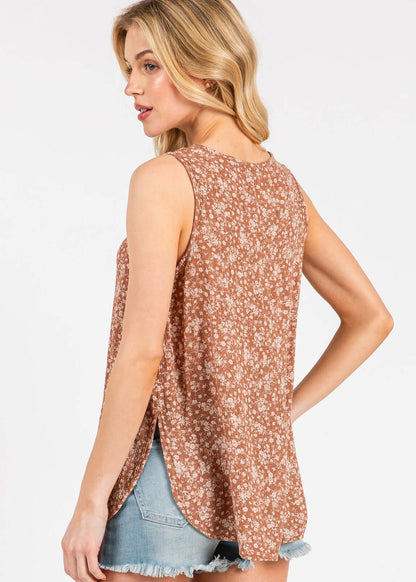 Flowy Flower Print Sleeveless Top - Rust Brown