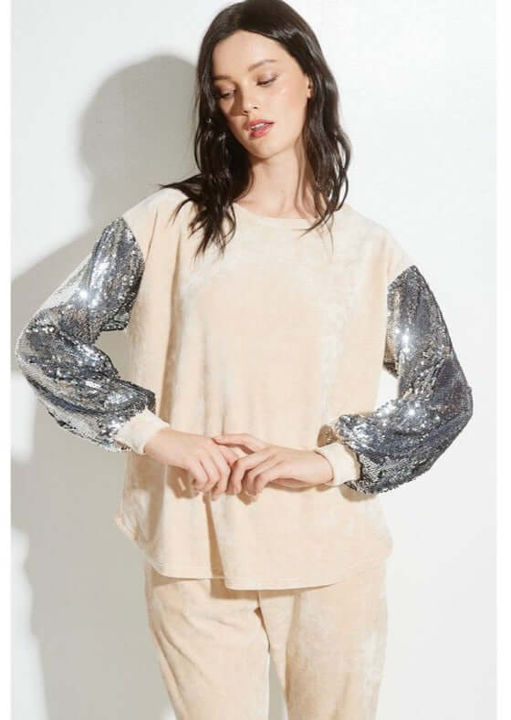Champagne Glam Velvet Track Suit with Sequins Sleeves - Clearance Final Sale