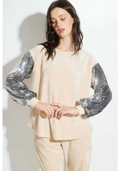 Champagne Glam Velvet Track Suit with Sequins Sleeves - Clearance Final Sale