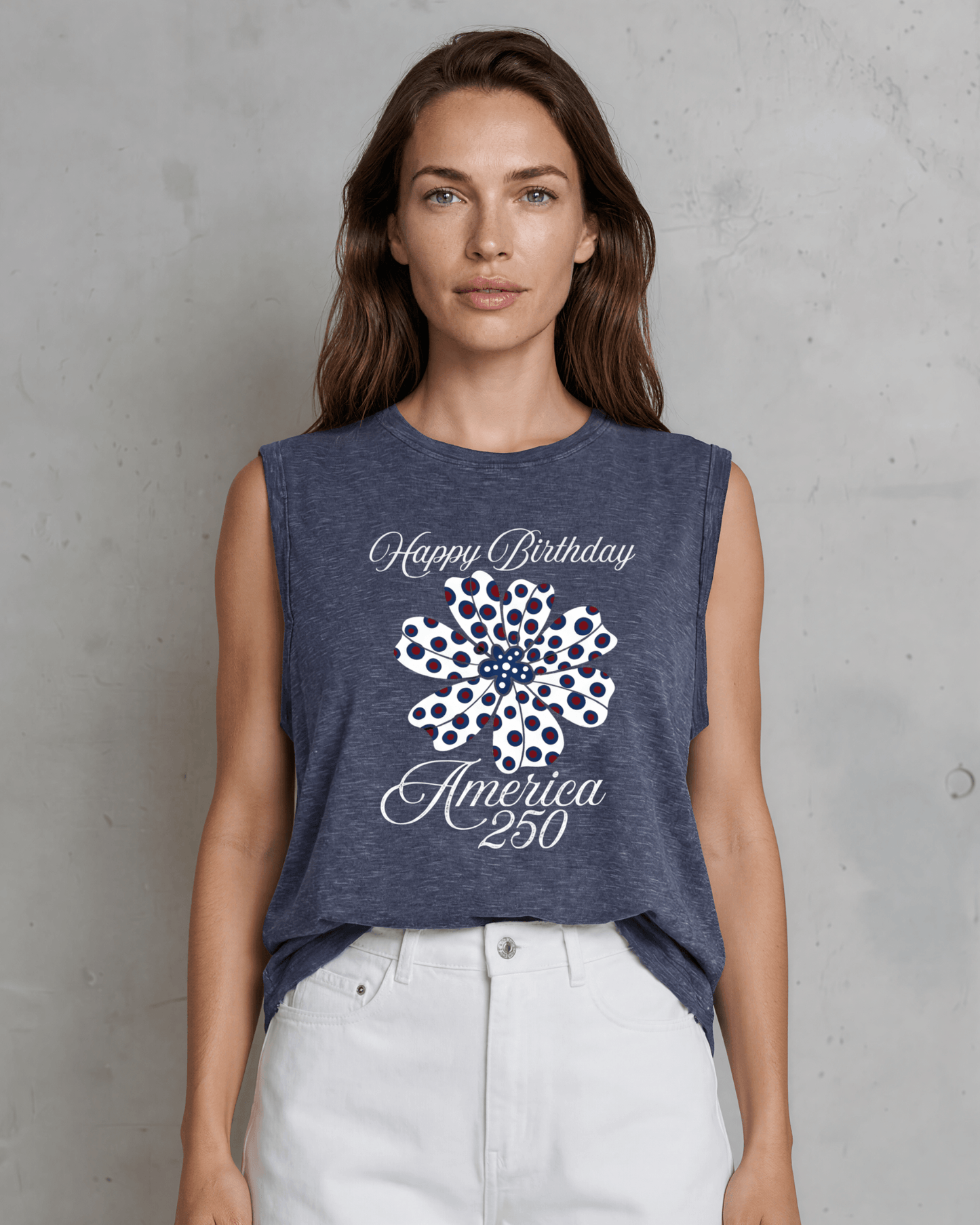 Happy Birthday America 250 Flower Graphic Muscle Tee Made in USA