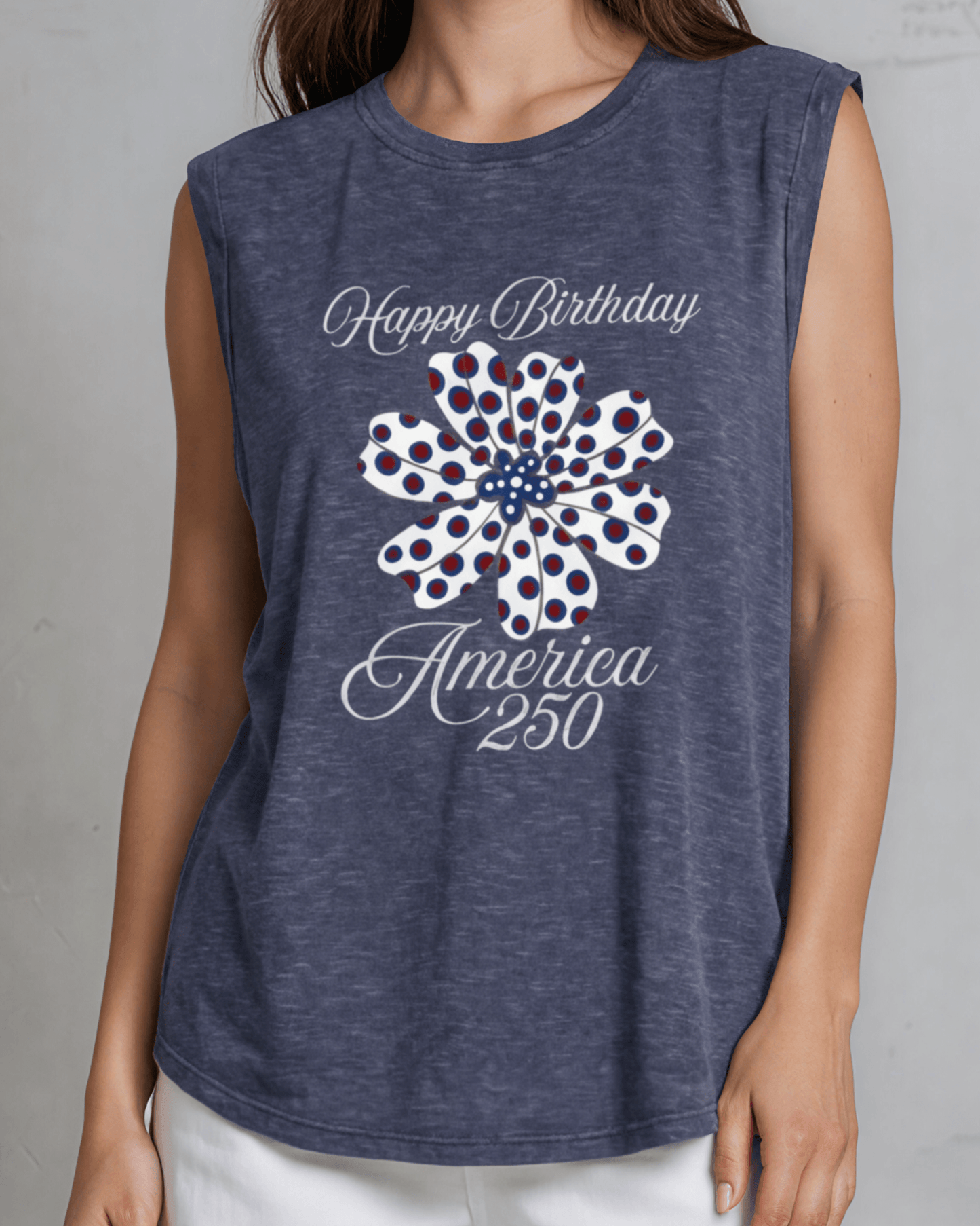 Happy Birthday America 250 Flower Graphic Muscle Tee Made in USA