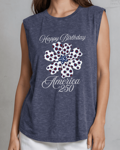 Happy Birthday America 250 Flower Graphic Muscle Tee Made in USA