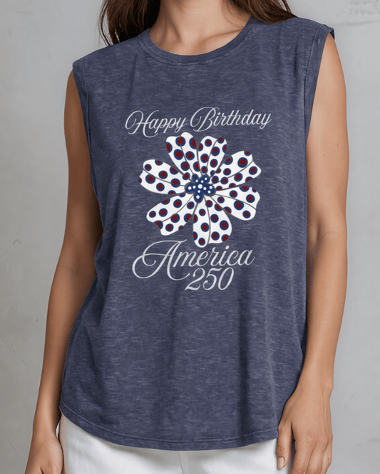 Happy Birthday America 250 Flower Graphic Muscle Tee Made in USA