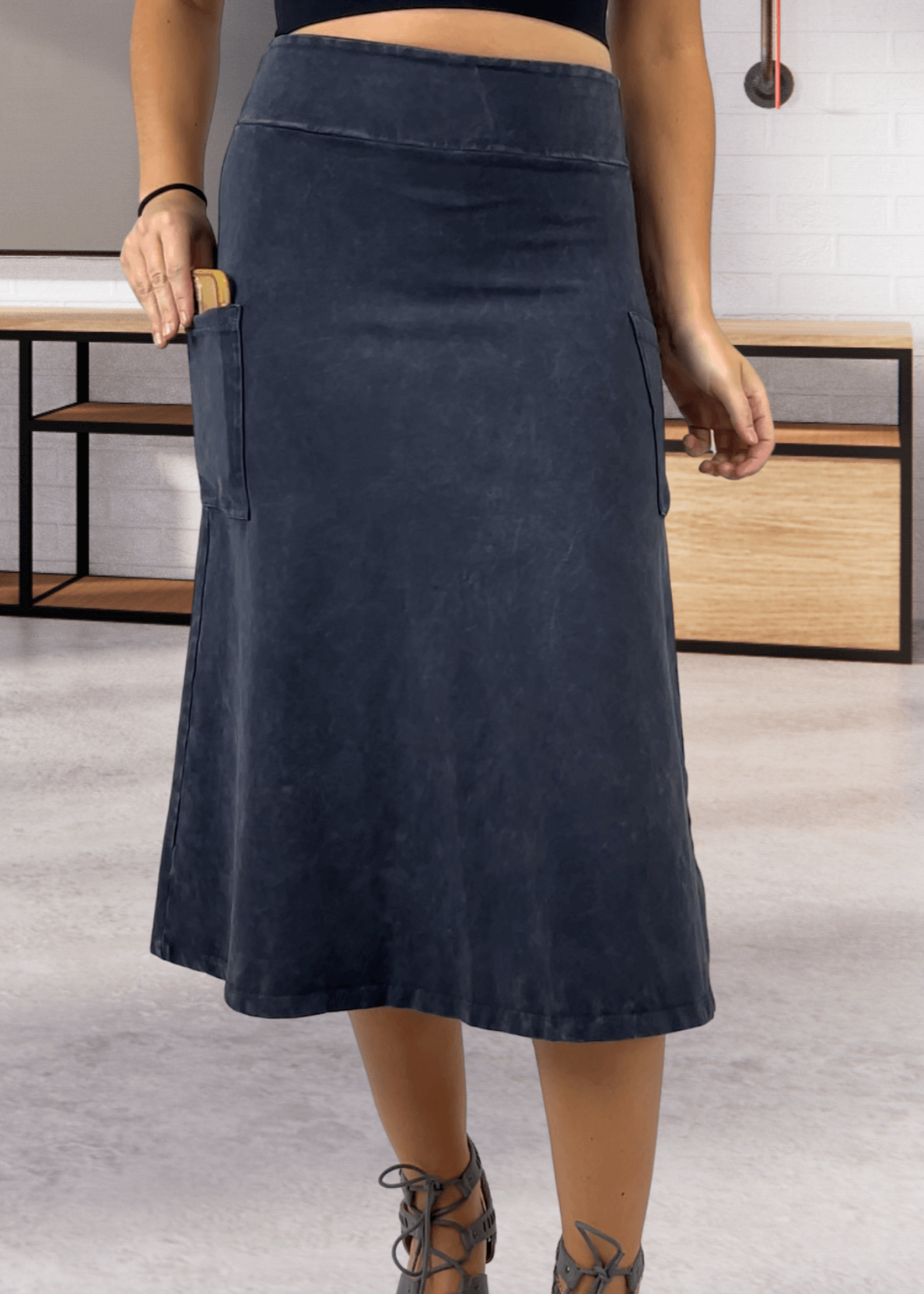 Ashville Versatile Cotton Skirt in Dark Grey-Blue Denim