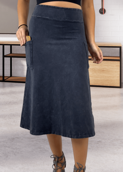 Ashville Versatile Cotton Skirt in Dark Grey-Blue Denim