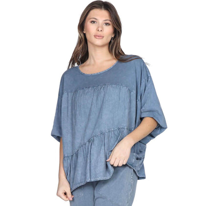 Linen Contrast Top with Pleating in Front CLEARANCE FINAL SALE