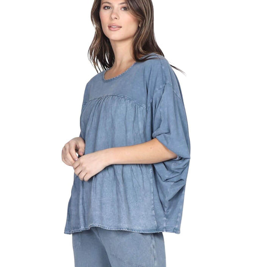 Linen Contrast Top with Pleating in Front CLEARANCE FINAL SALE