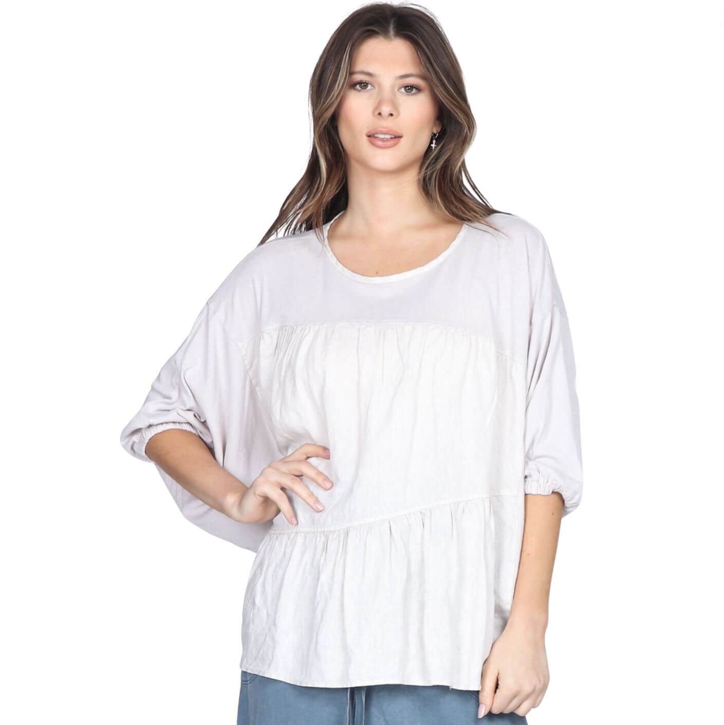 Linen Contrast Top with Pleating in Front CLEARANCE FINAL SALE