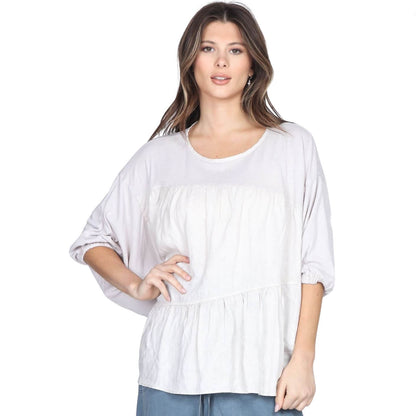 Linen Contrast Top with Pleating in Front CLEARANCE FINAL SALE