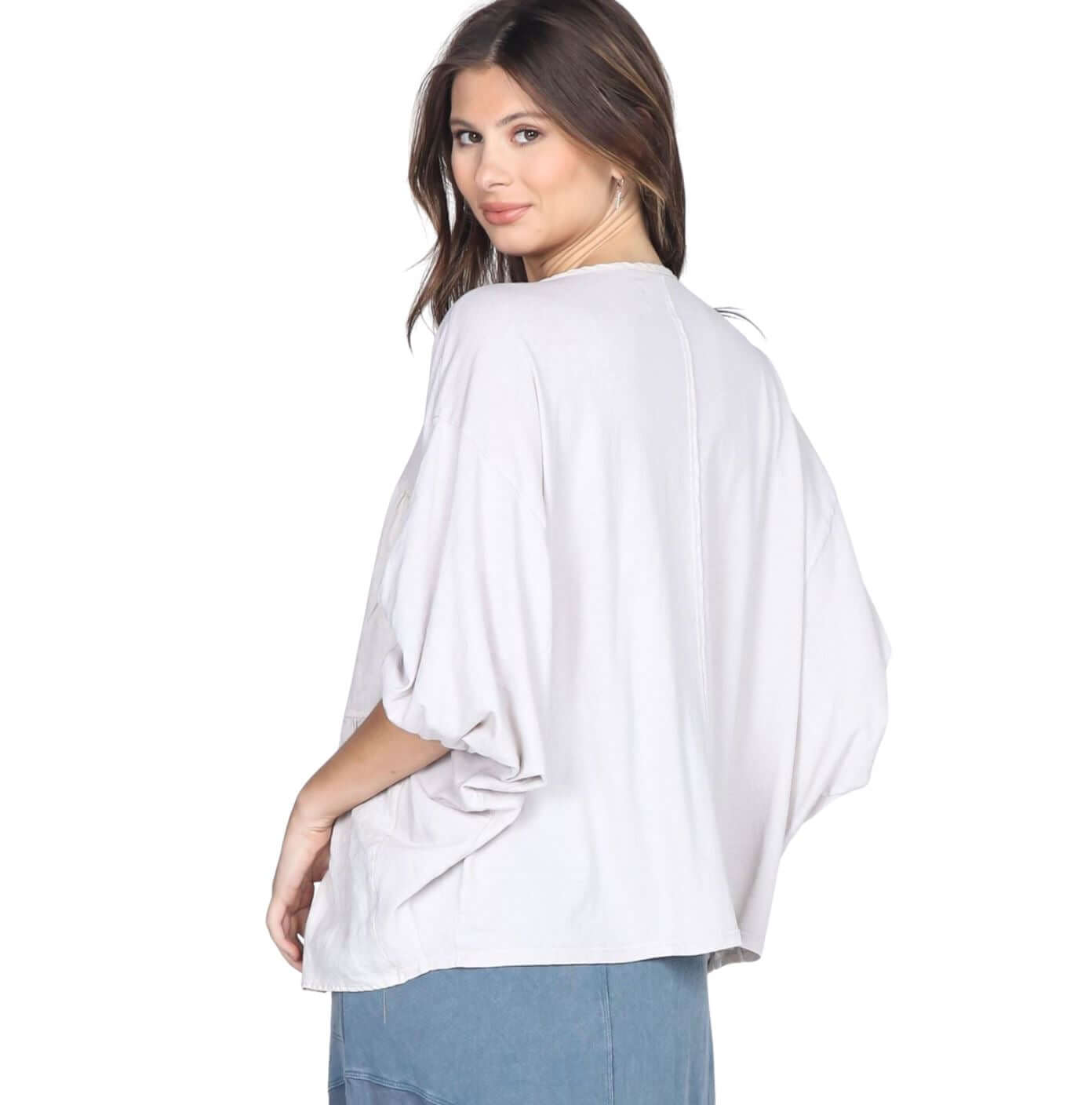 Linen Contrast Top with Pleating in Front CLEARANCE FINAL SALE