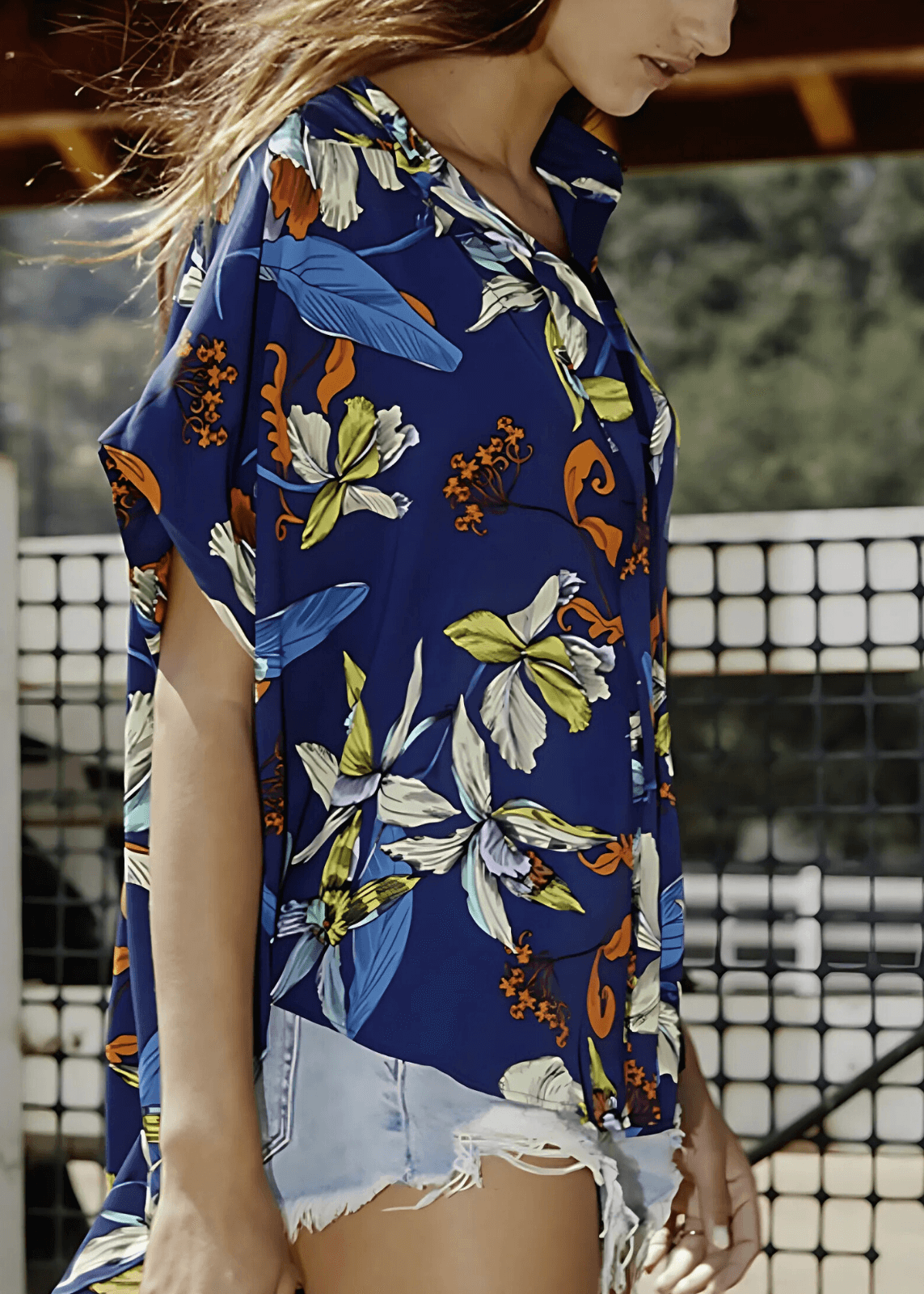 Navy Tropical Print Versatile Button Down Top CLEARANCE FINAL SALE