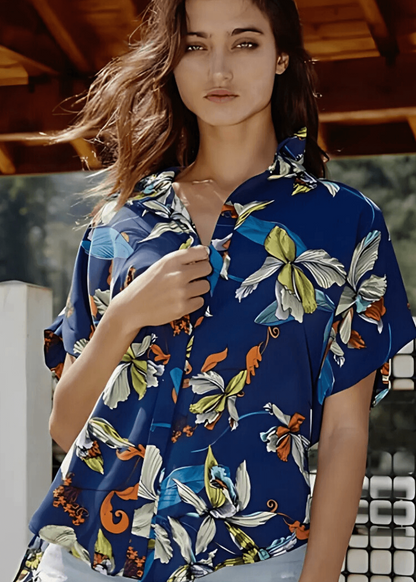 Navy Tropical Print Versatile Button Down Top CLEARANCE FINAL SALE