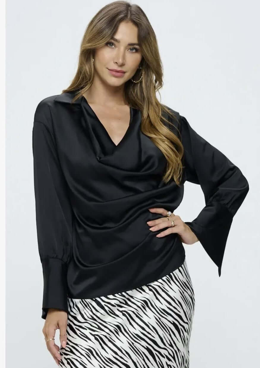 Stunning Satin Cowl Neck Top with Split Cuff Top CLEARANCE FINAL SALE
