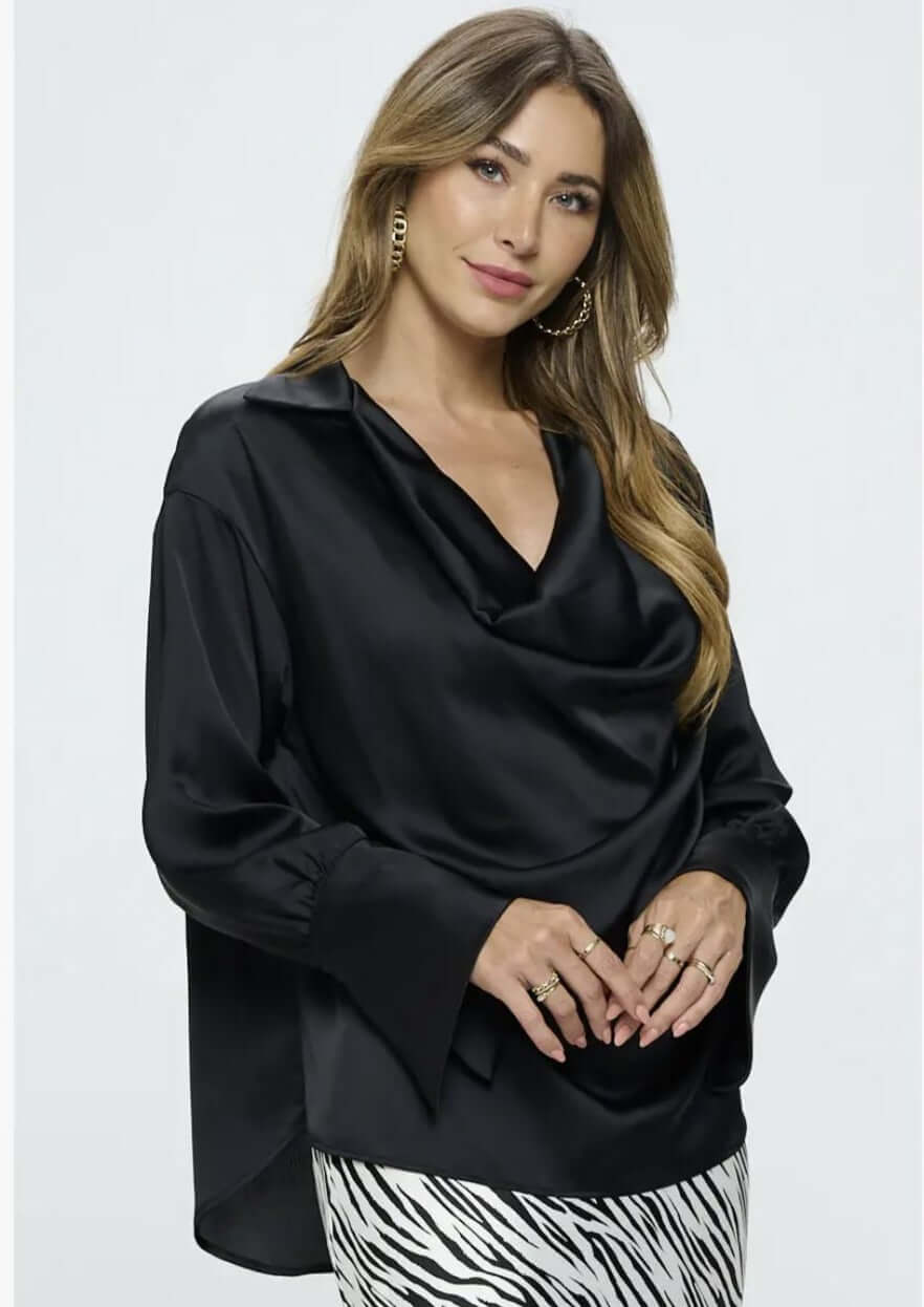 Stunning Satin Cowl Neck Top with Split Cuff Top CLEARANCE FINAL SALE