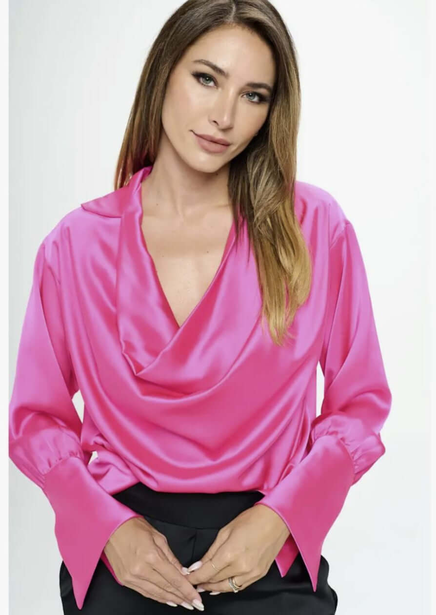 Stunning Satin Cowl Neck Top with Split Cuff Top CLEARANCE FINAL SALE