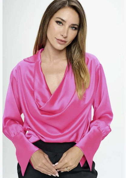 Stunning Satin Cowl Neck Top with Split Cuff Top CLEARANCE FINAL SALE