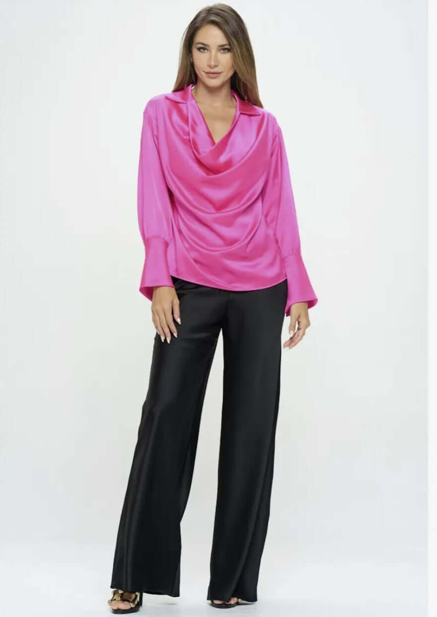 Stunning Satin Cowl Neck Top with Split Cuff Top CLEARANCE FINAL SALE