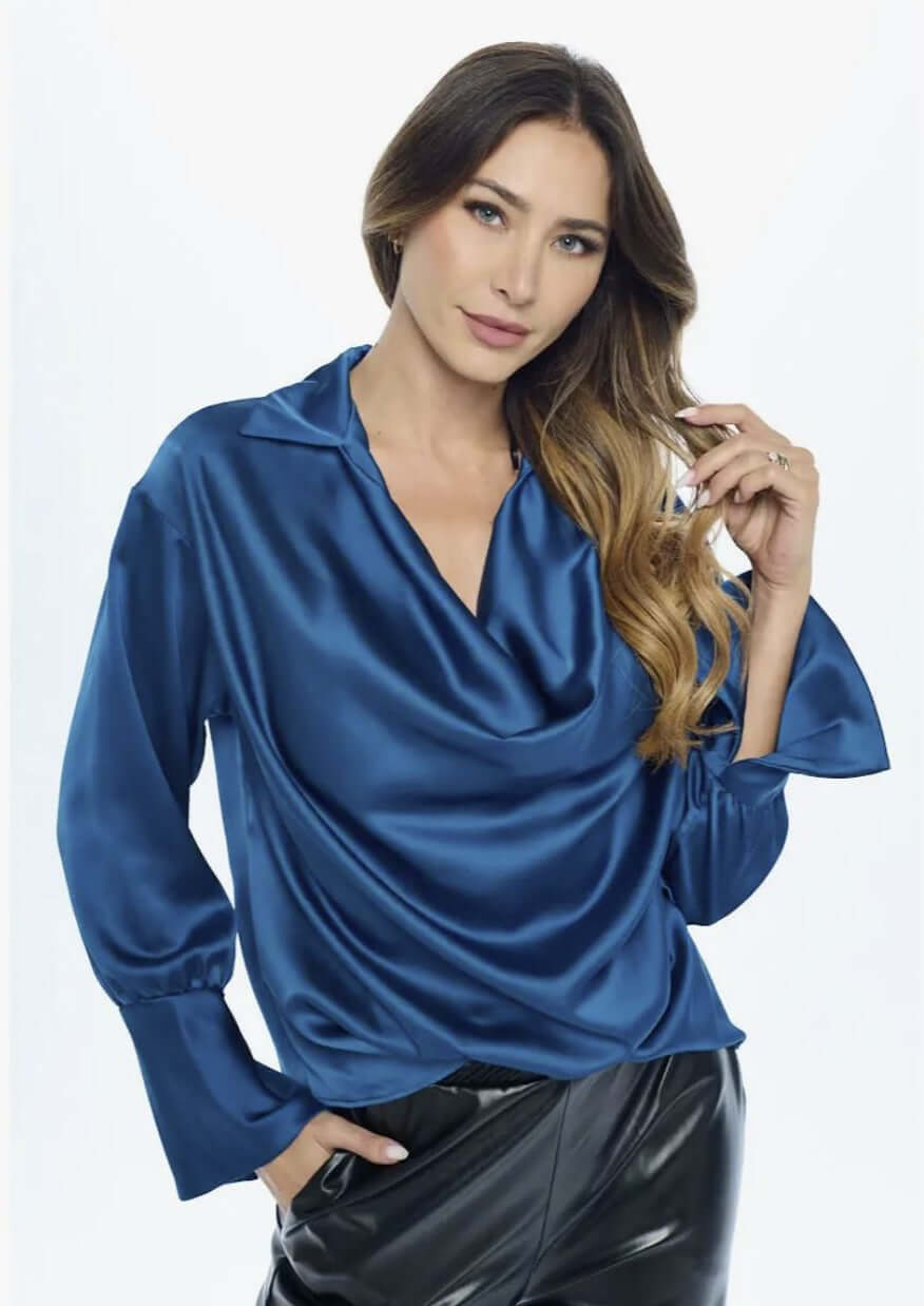 Stunning Satin Cowl Neck Top with Split Cuff Top CLEARANCE FINAL SALE